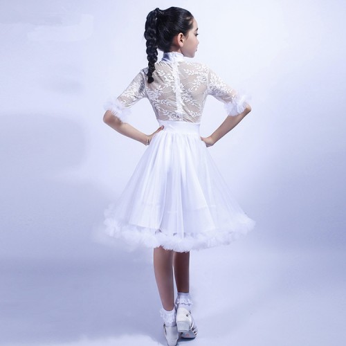 Girls kids lace ballroom dancing dresses stage performance kids children waltz tango dancing dress skirts costumes